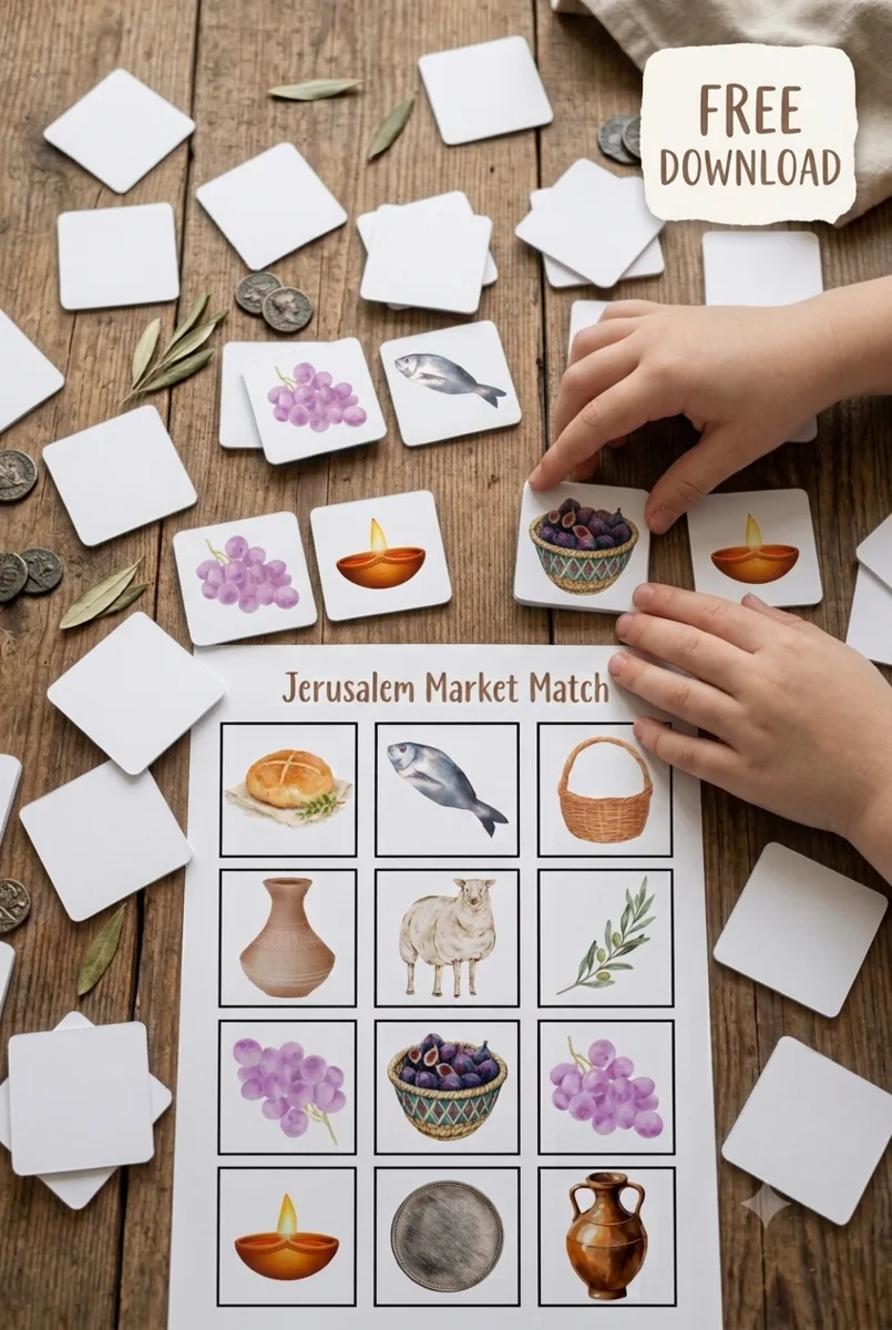 Jerusalem Market Match — watercolor memory matching game preview with bread, fish, olives, a sheep, and other market treasures